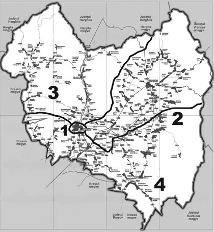 Háromszék négy képviselői választókerülete: Sepsiszentgyörgy, Kézdivásárhely, Barót és Bodzaforduló vidéke